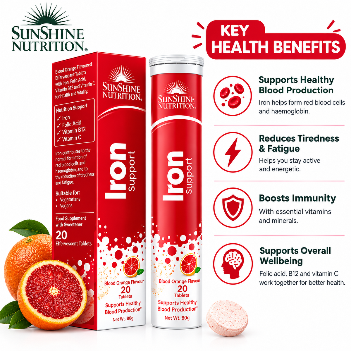 Sunshine Nutrition Iron Blood Orange Flavor Effervescent Tablets 20's