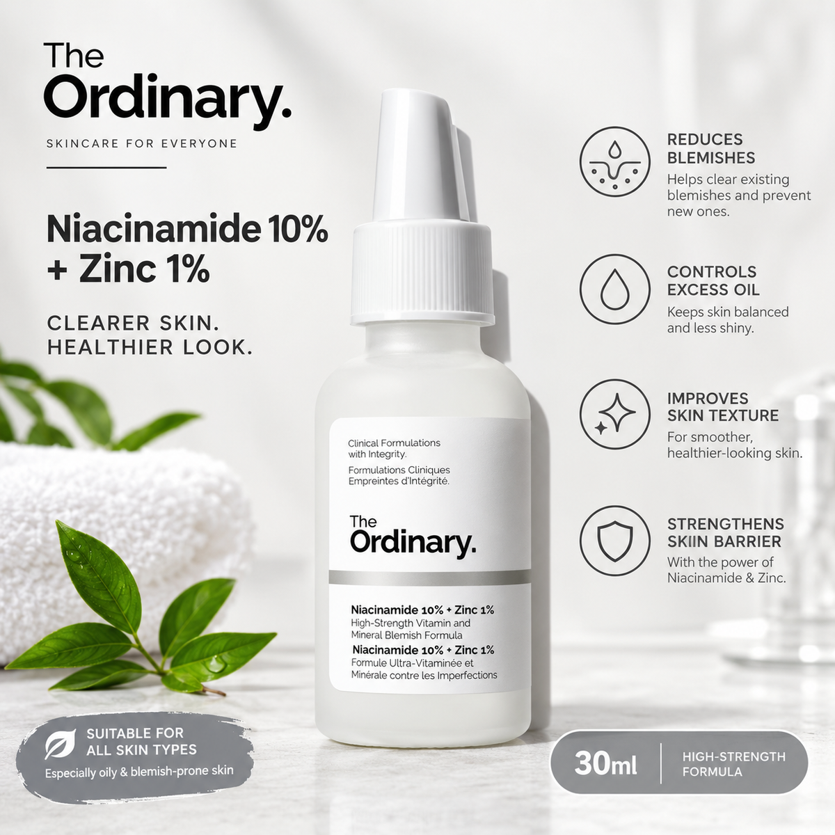 The Ordinary Niacinamide 10% + Zinc 1% Serum - Oil Control & Blemish-Reducing Formula for Clear, Balanced Skin 30ml