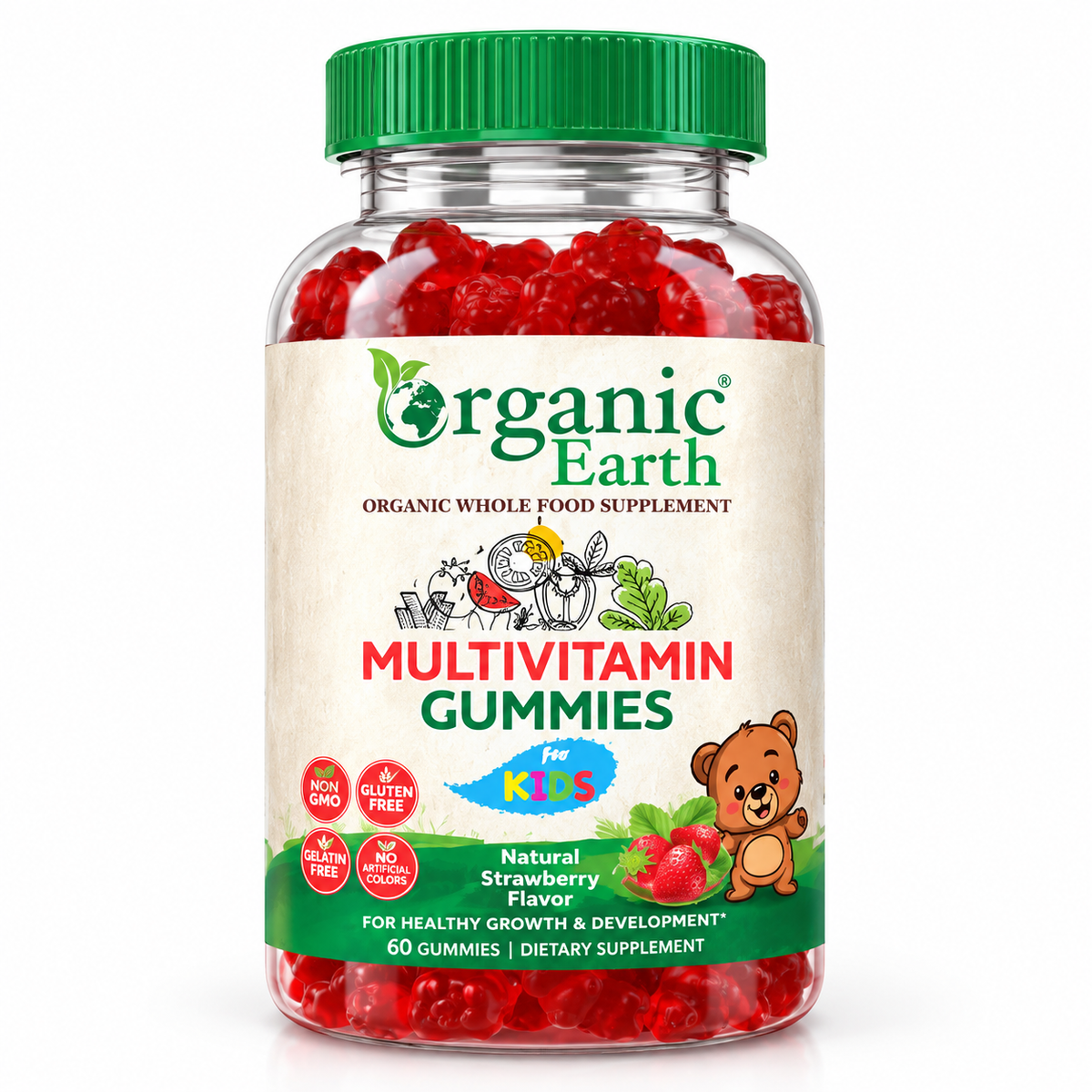 Organic Earth Kids Multivitamin & Mineral Gummies, Vegan, Natural and Antioxidant-Rich - 60s