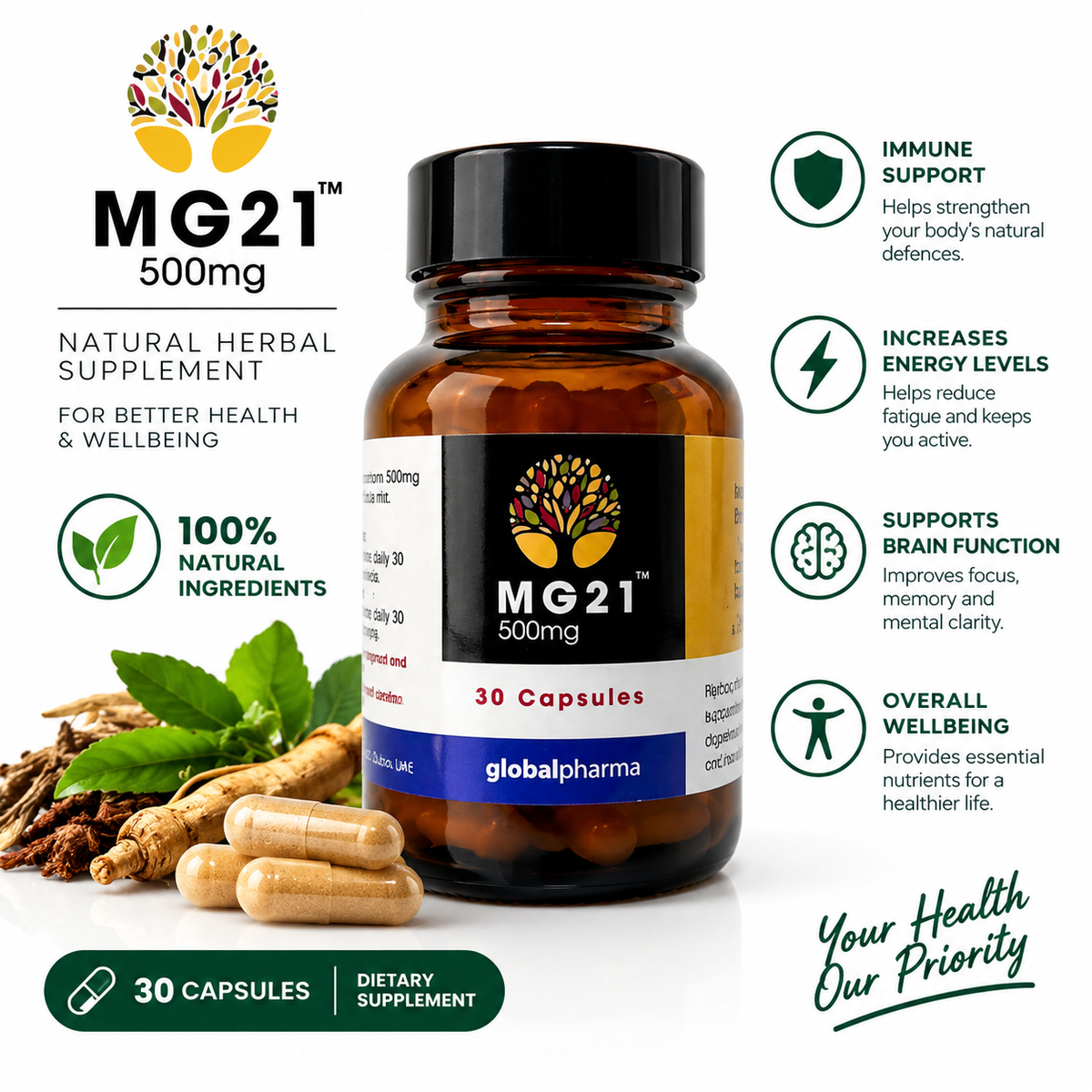 MG21 500 mg 30's Capsules Glass Bottle