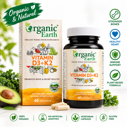 Organic Earth Vitamin D3 + K2 , Supports Bone and Immune Health, 60 Capsules